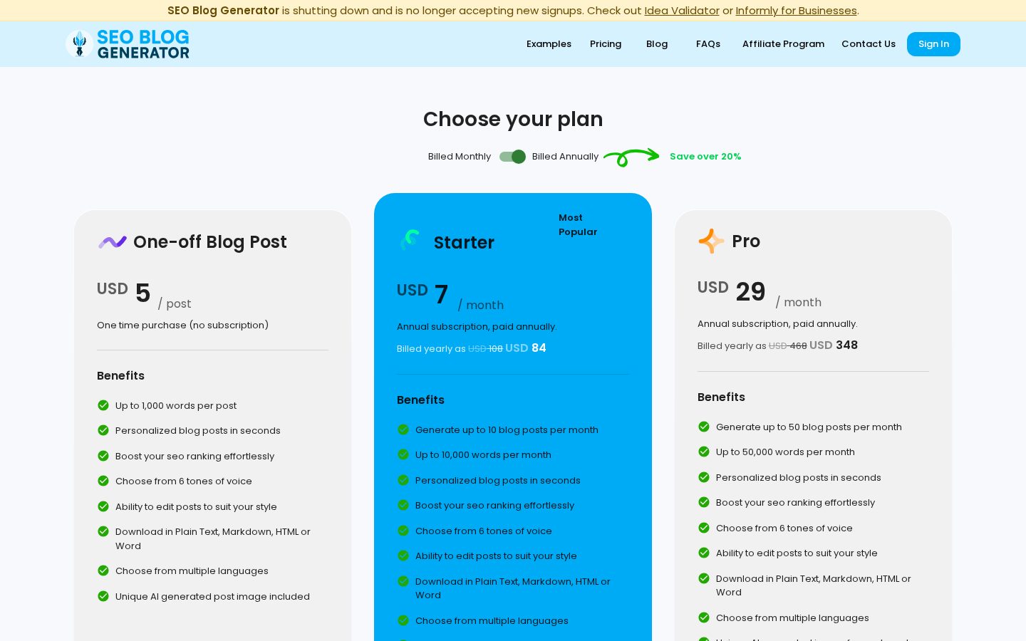 SEO Blog Generator Pricing