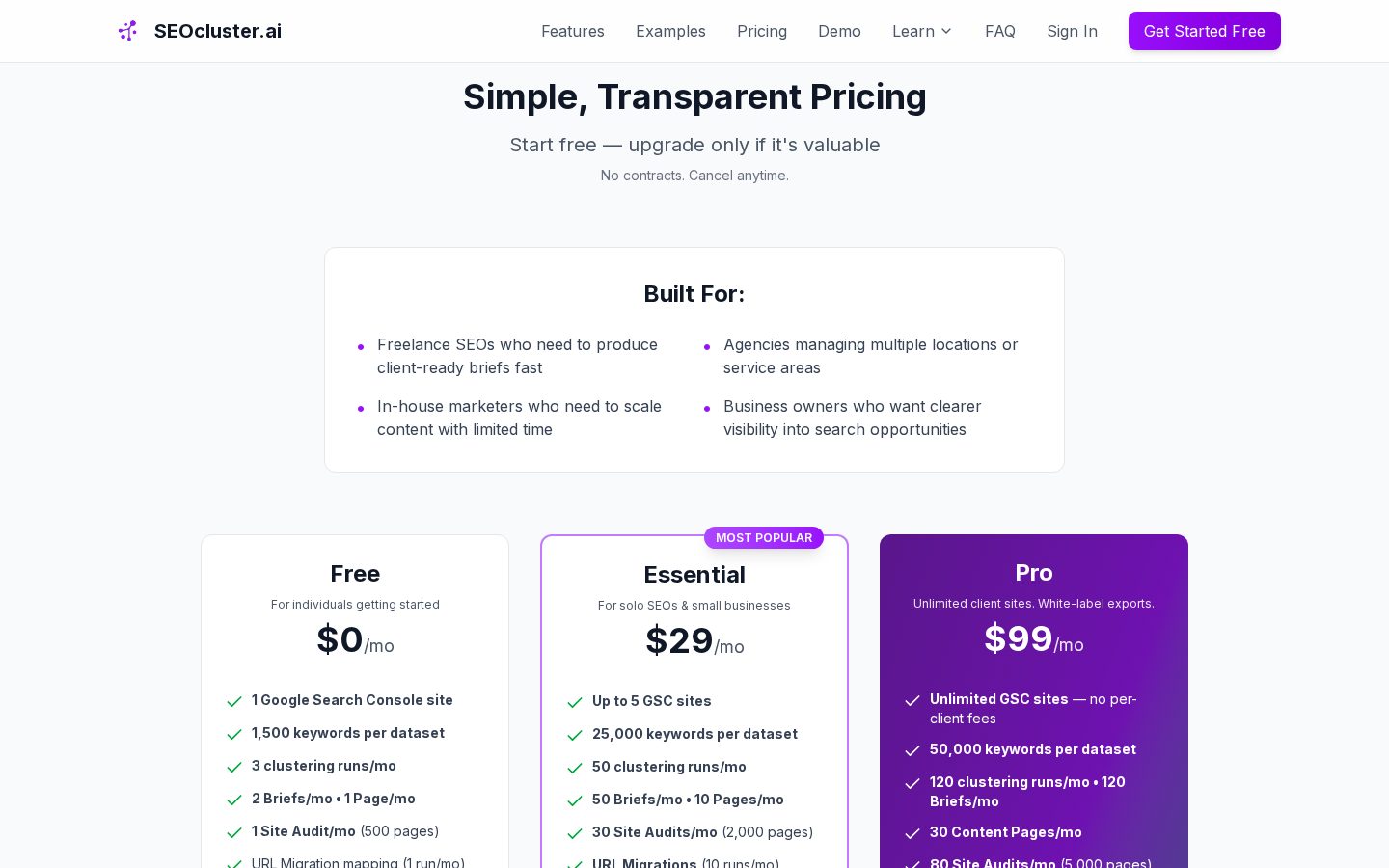 SEOcluster.ai Pricing