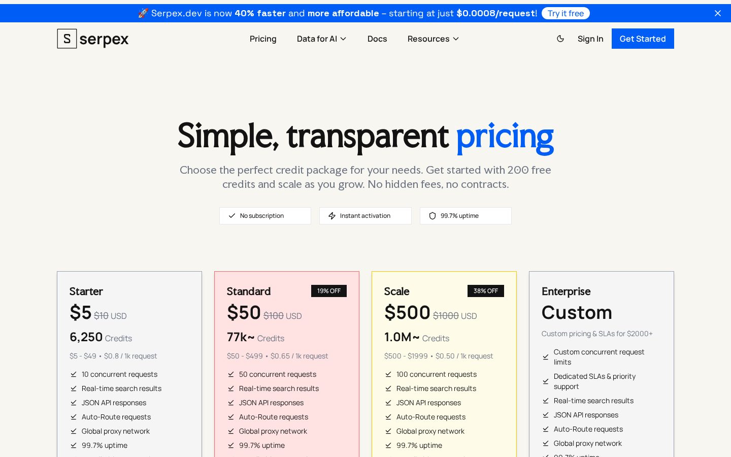 Serpex.dev Pricing