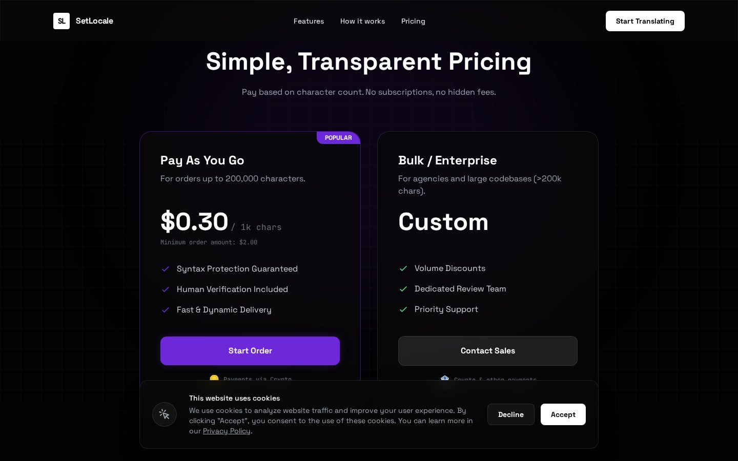 setLocale Pricing