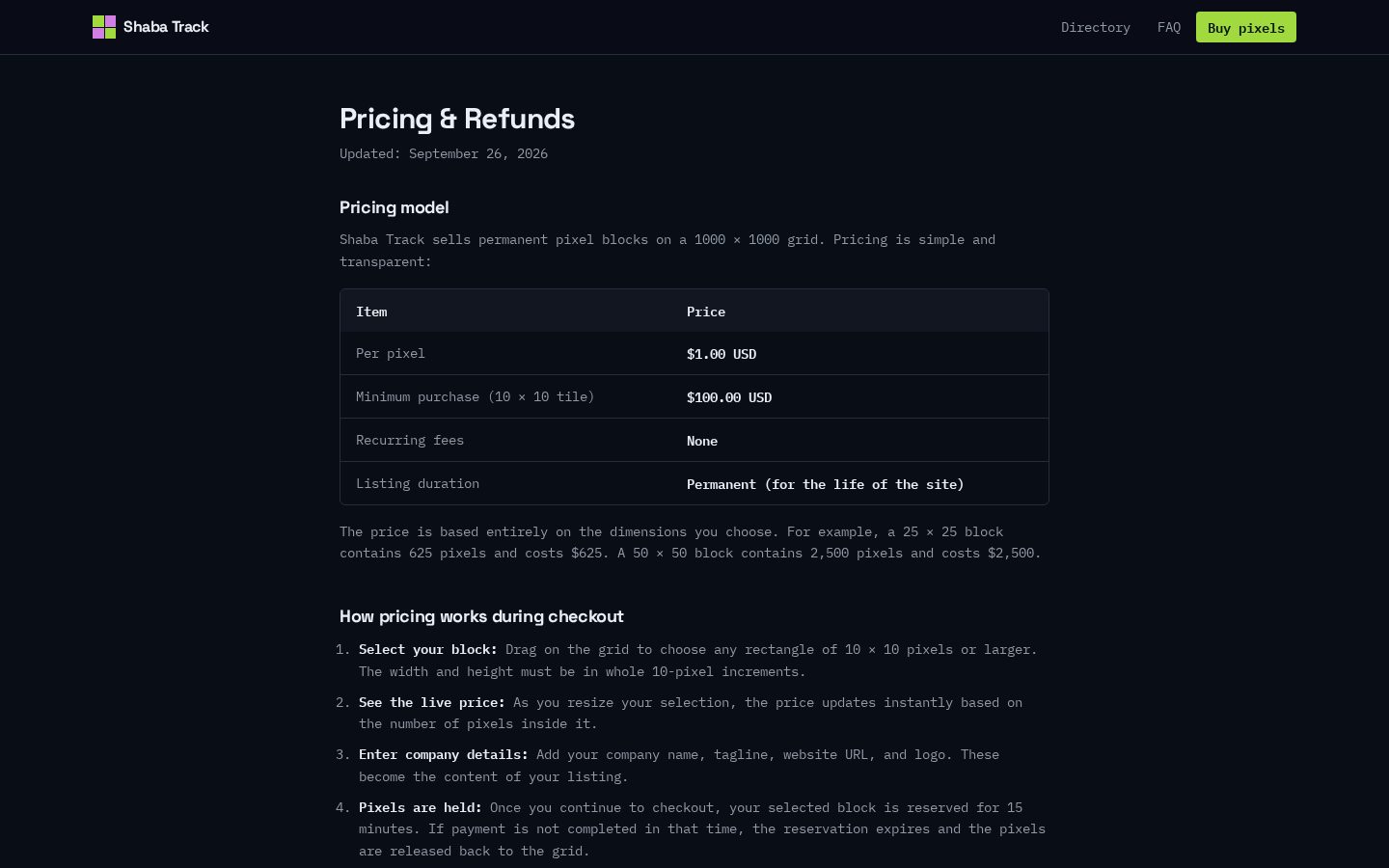 Shaba Track Pricing