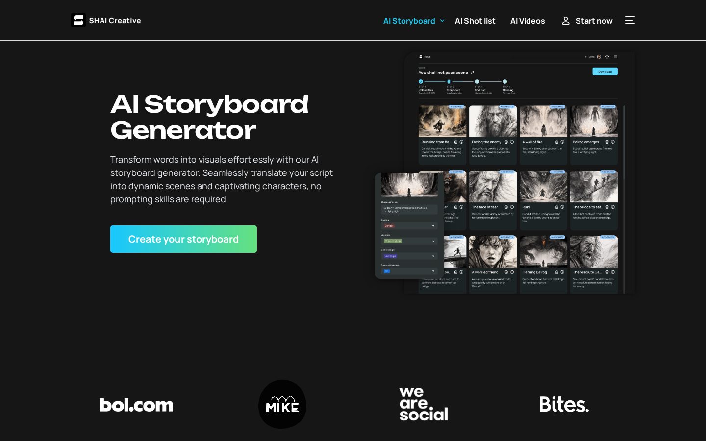 Shai - AI Storyboard Generator Homepage