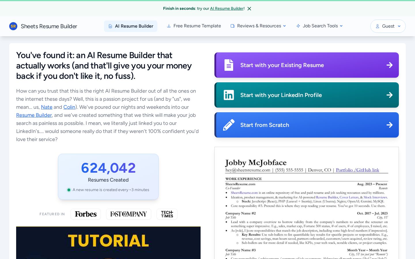 Sheets AI Resume Builder Homepage