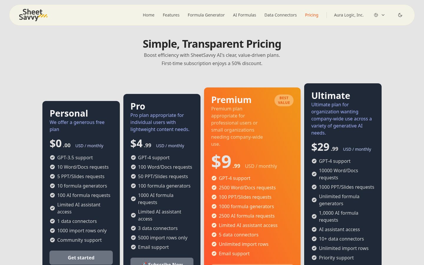 SheetSavvy AI Pricing