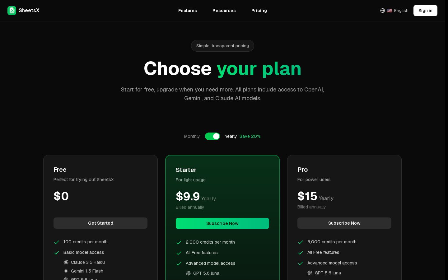 SheetsX Pricing