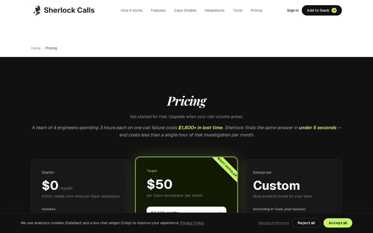 Sherlock Calls Pricing