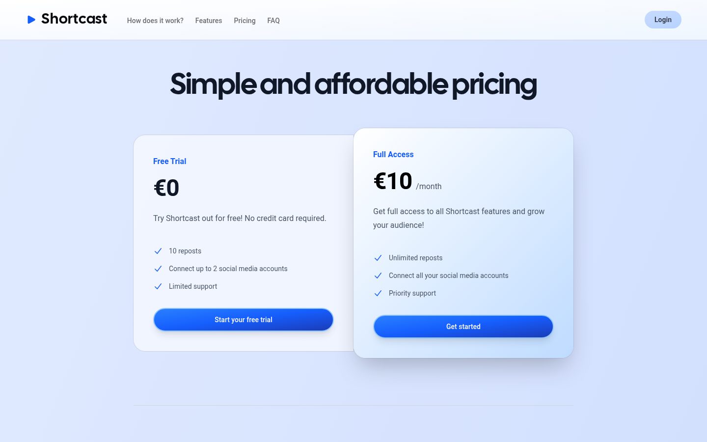 Shortcast Pricing