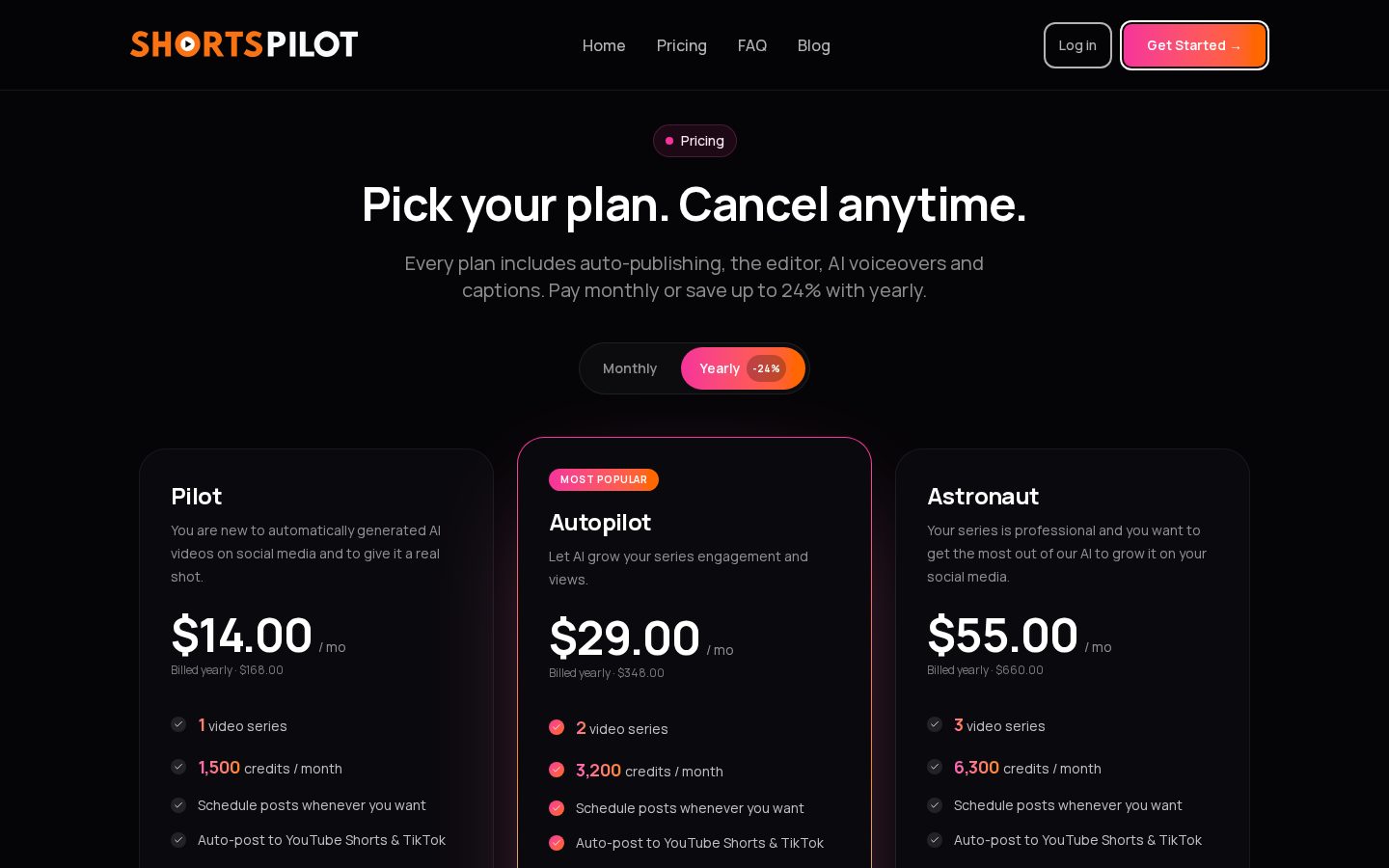 Shortspilot.ai Pricing