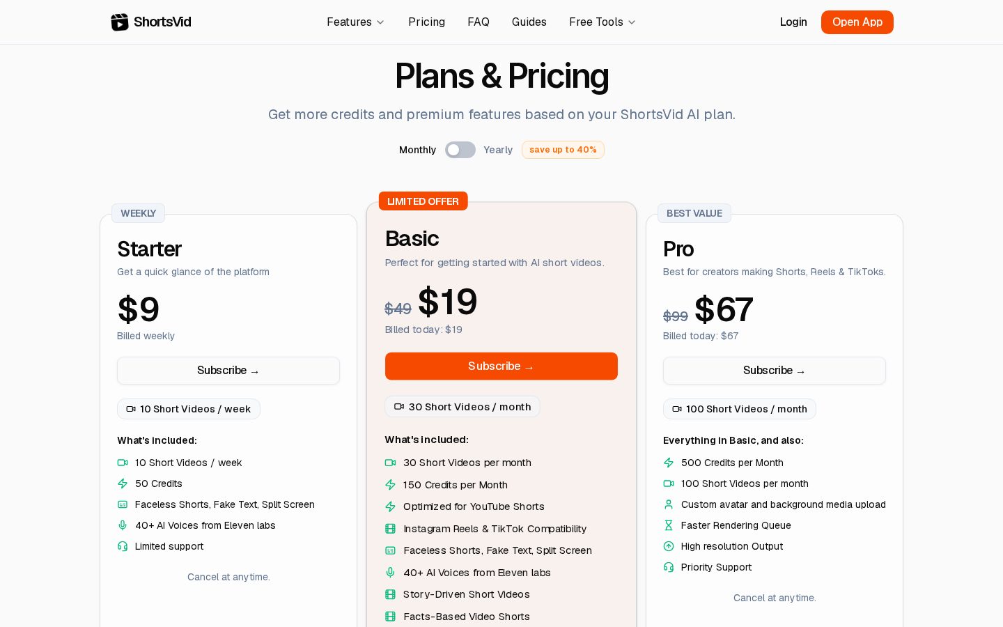 ShortsVid Pricing