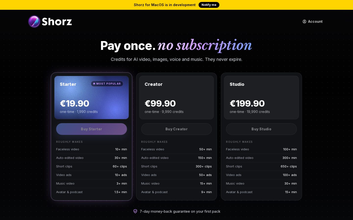 Shorz Pricing