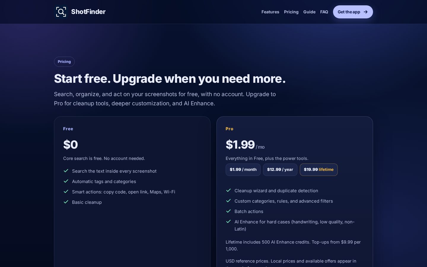 ShotFinder Pricing