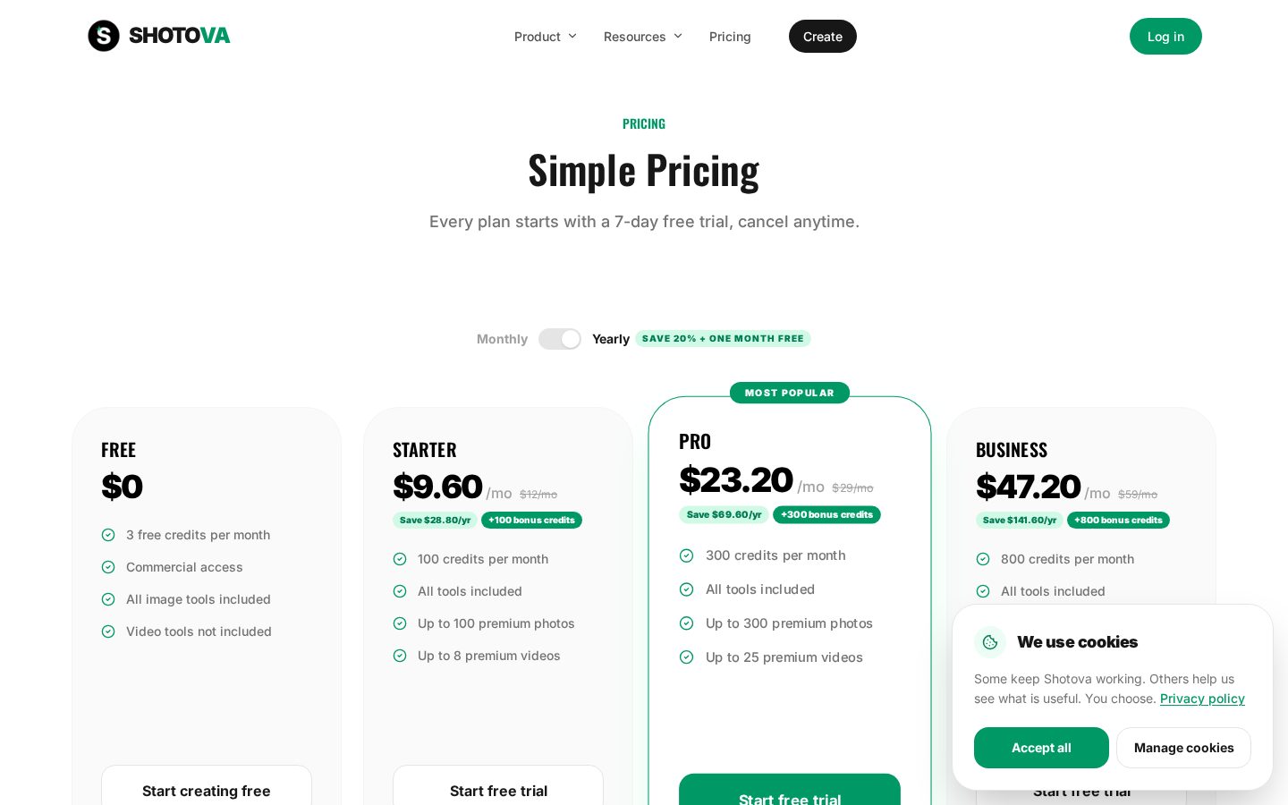 Shotova Pricing