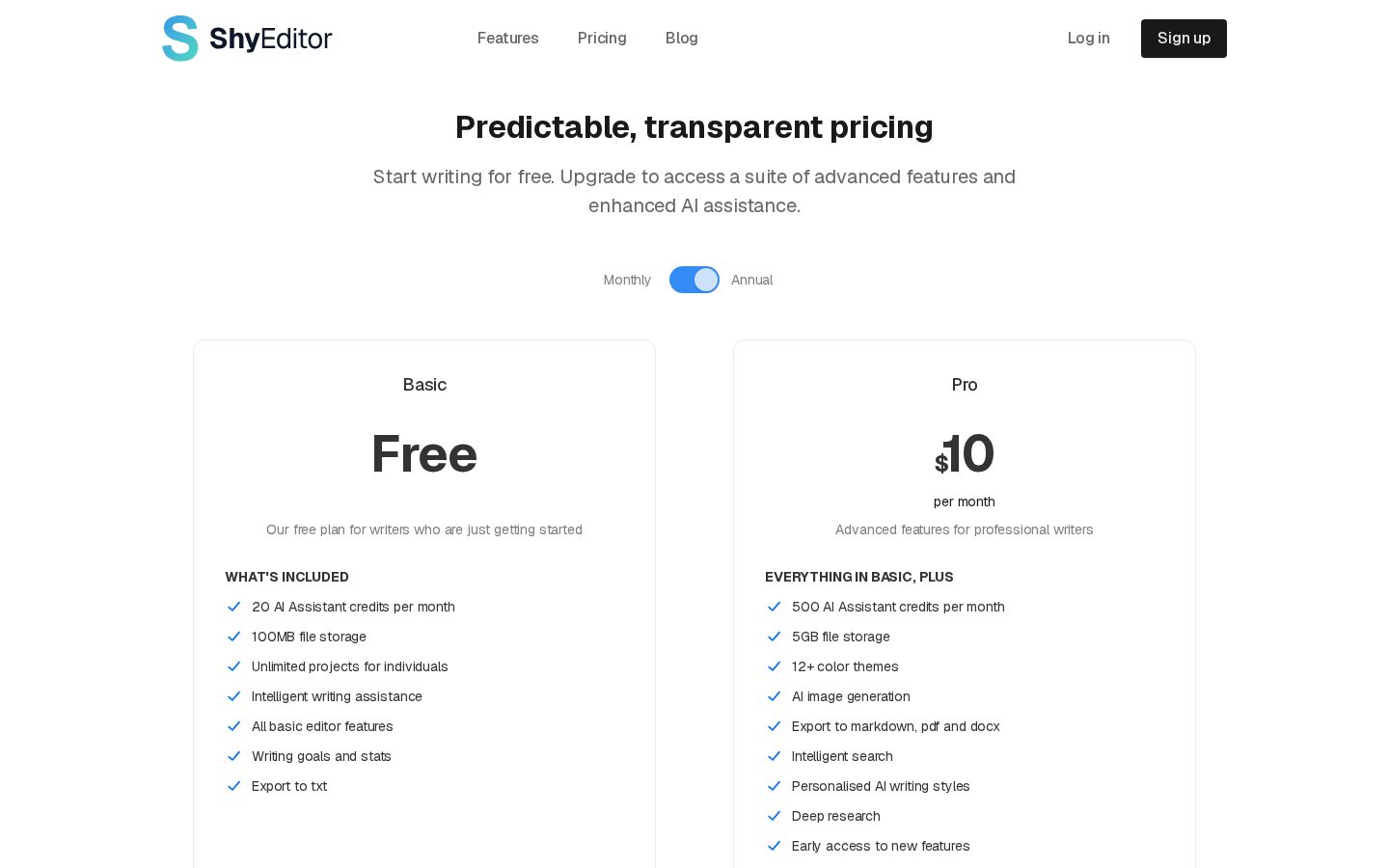Shy Editor Pricing