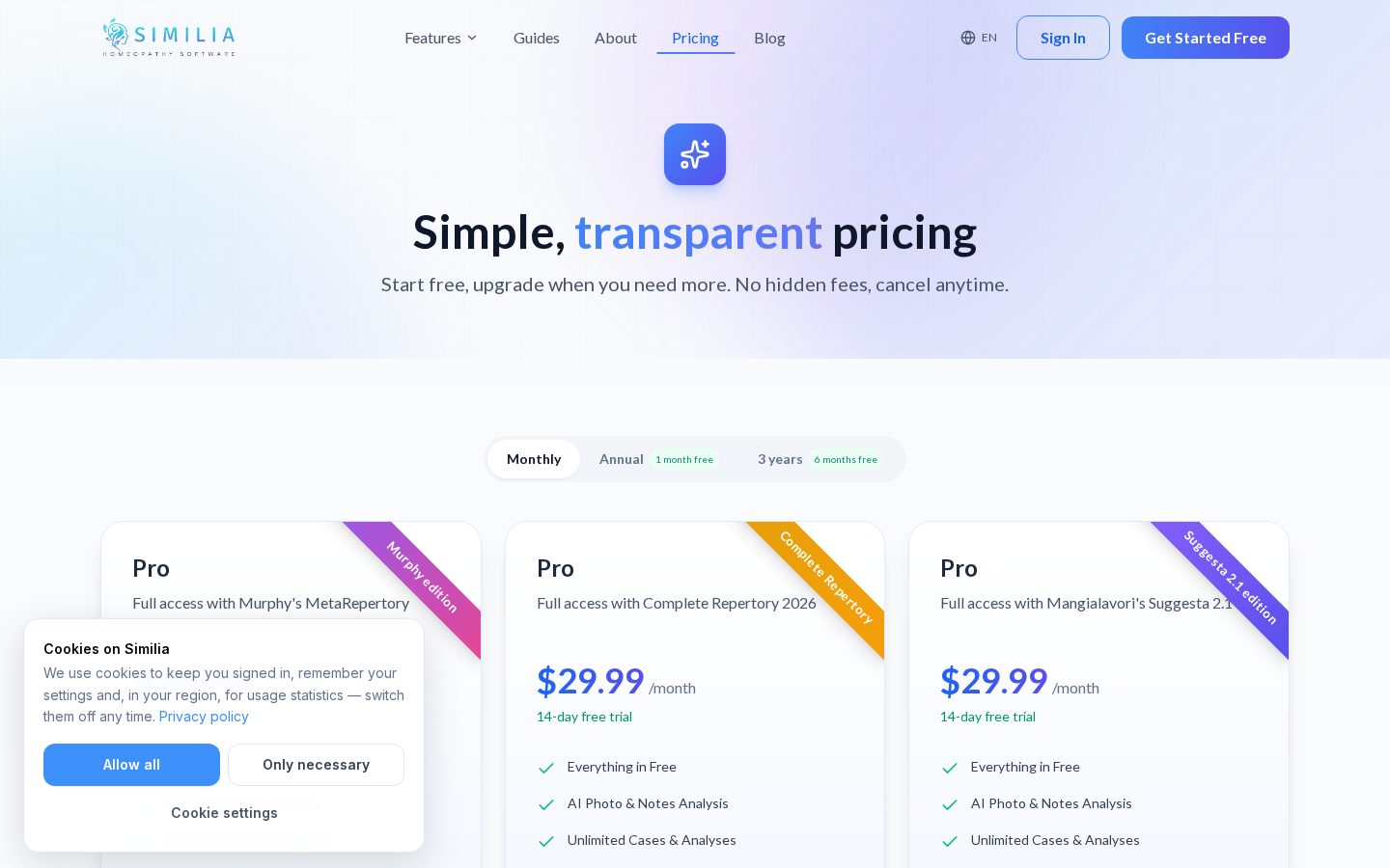 Similia Homeopathy Software Pricing