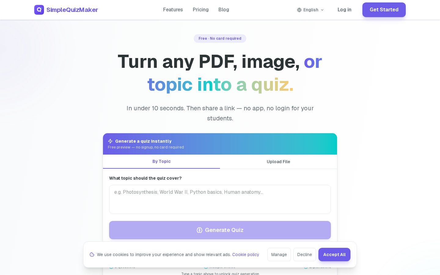 Simple Quiz Maker Homepage