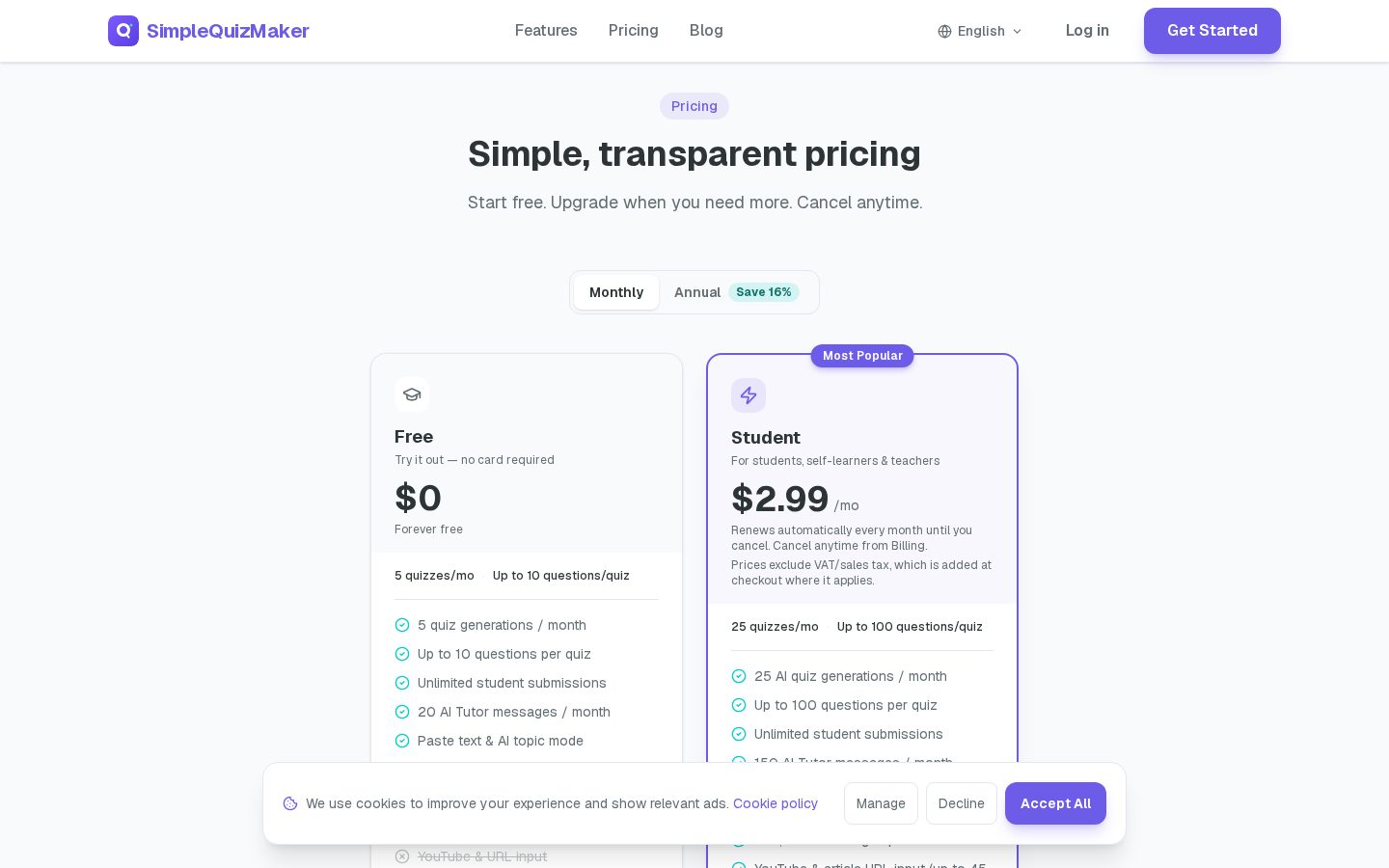 Simple Quiz Maker Pricing