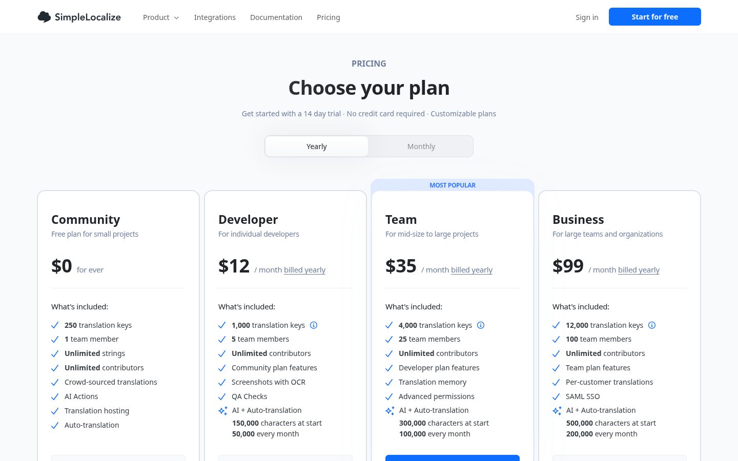 SimpleLocalize Pricing