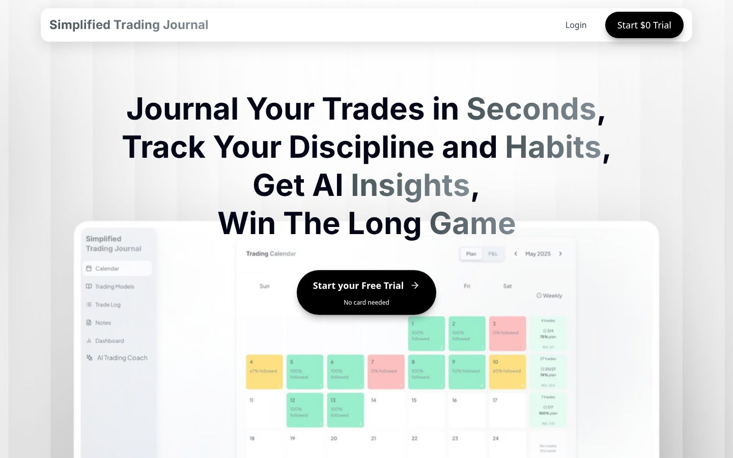 Simplified Trading Journal Homepage