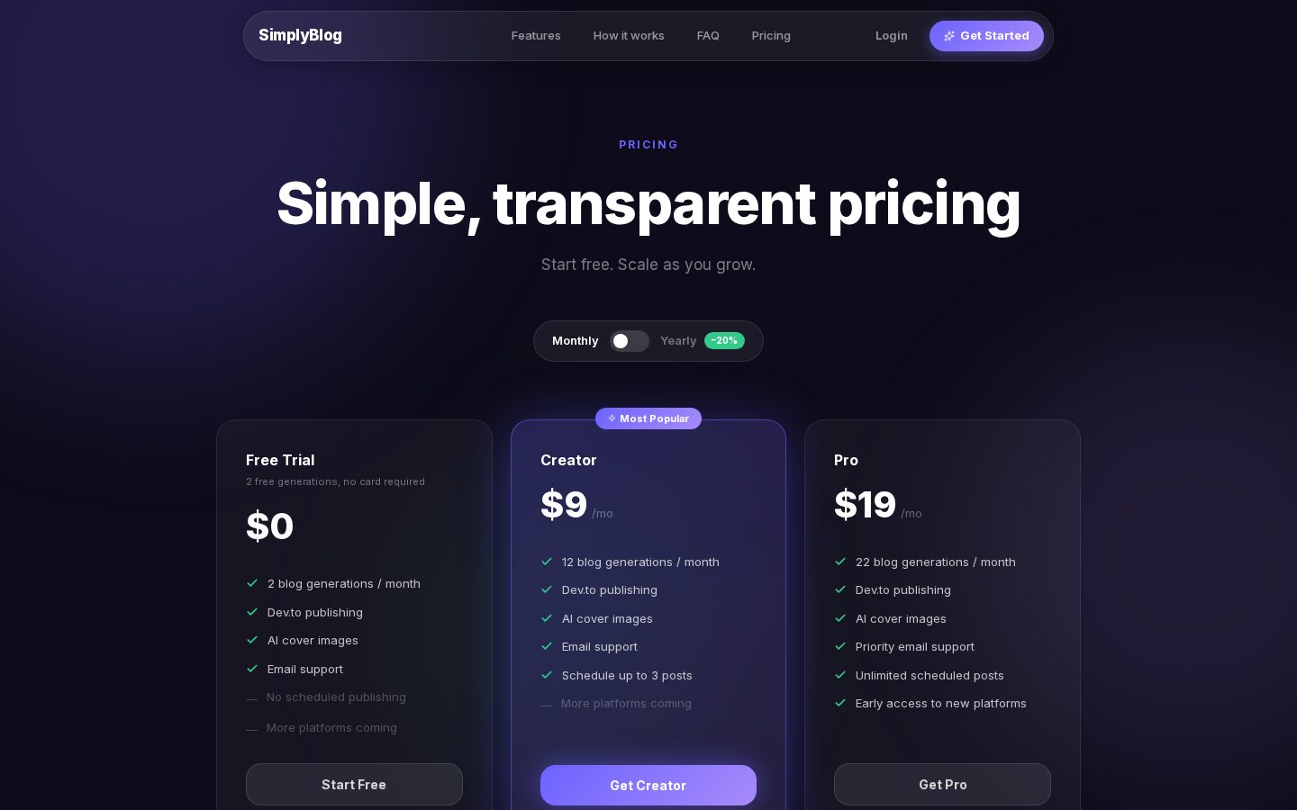 SimplyBlog Pricing