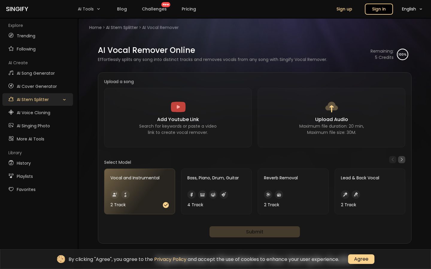 Singify AI Vocal Remover Homepage