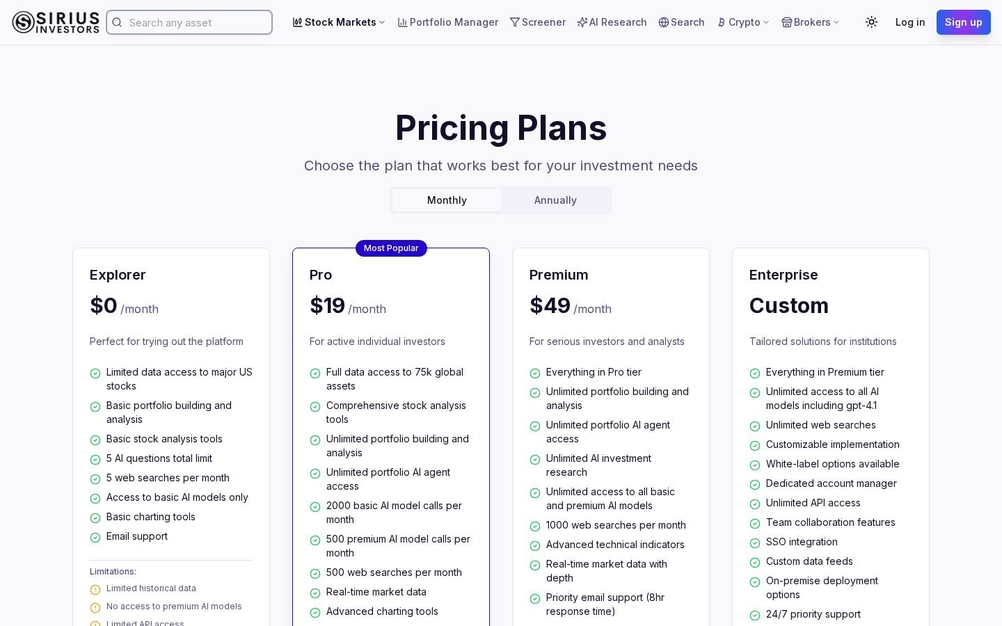 Sirius Investors Pricing