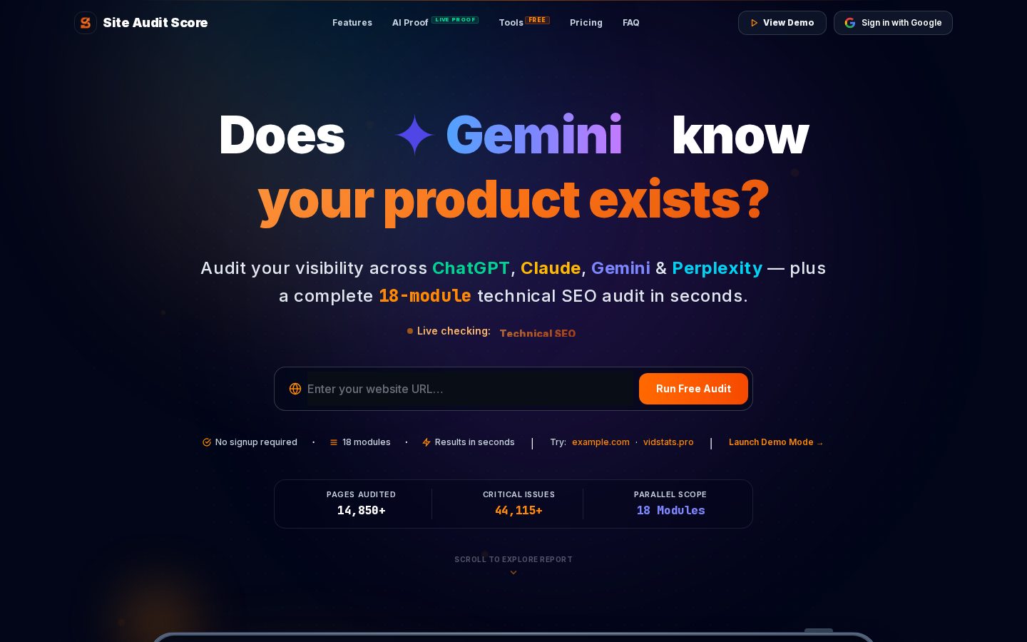 Site Audit Score Homepage