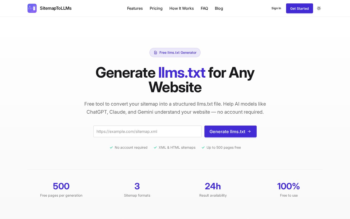 SitemapToLLMs Homepage
