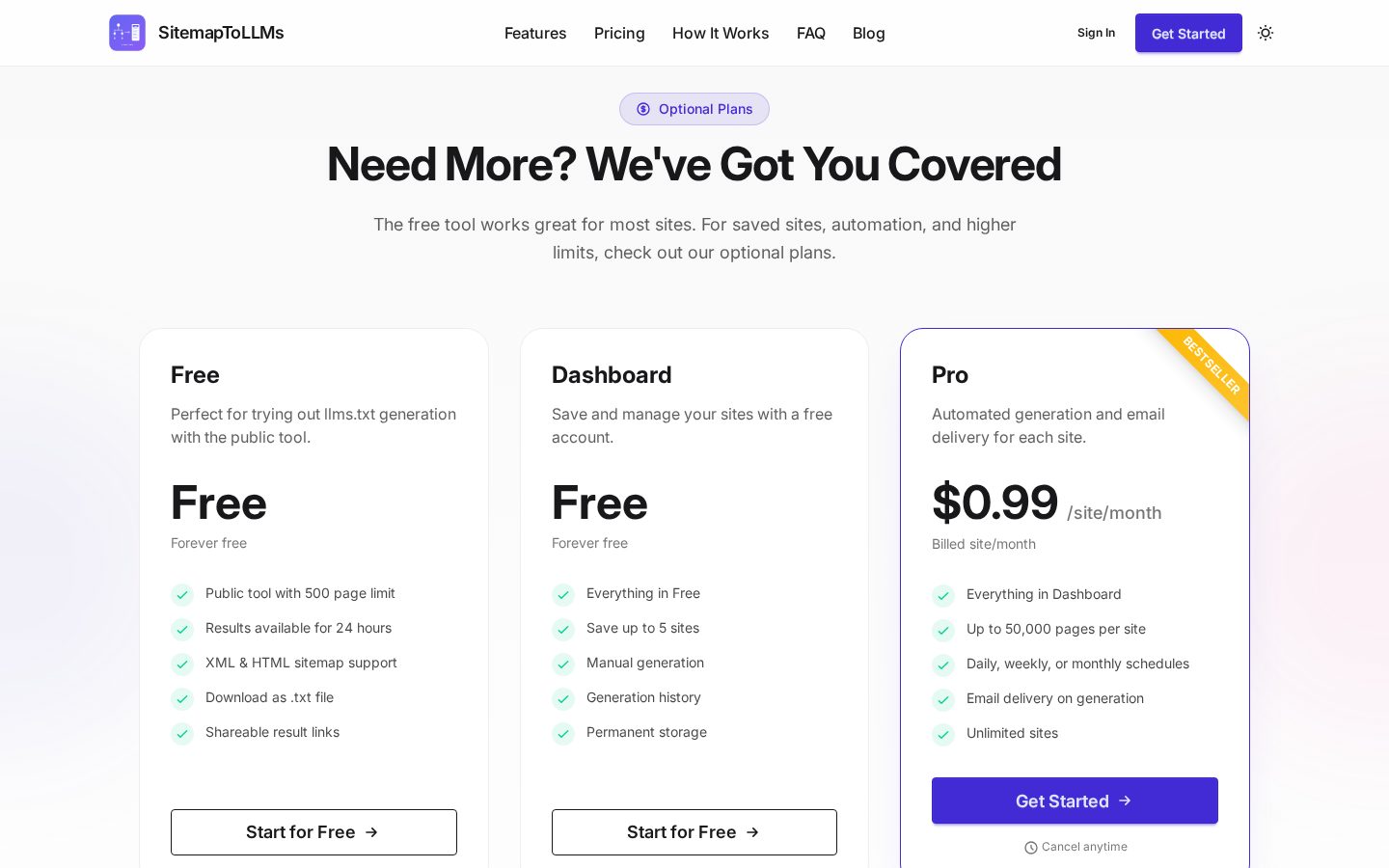 SitemapToLLMs Pricing