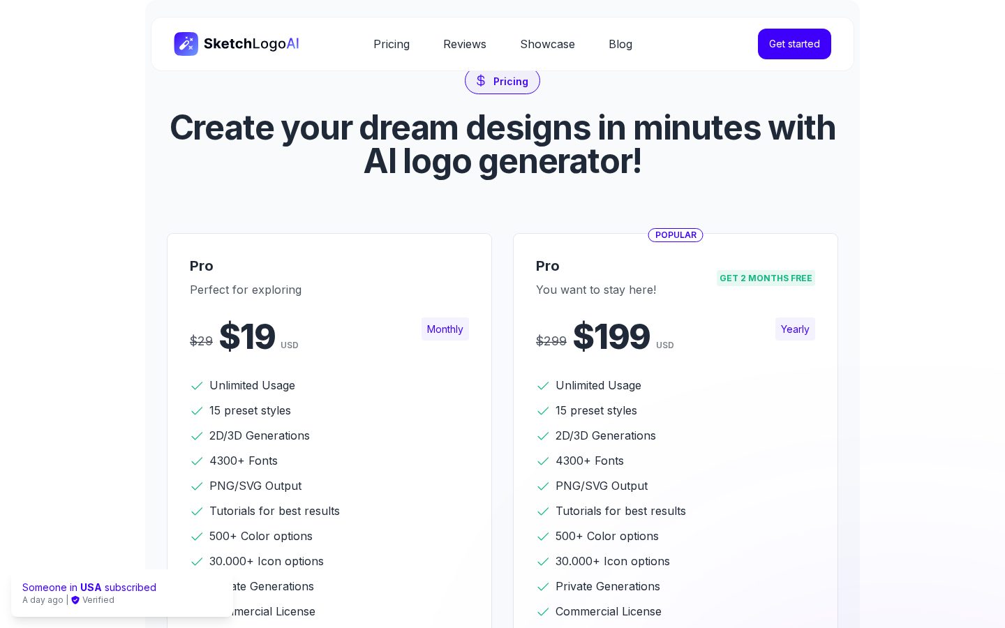 Sketch Logo AI Pricing