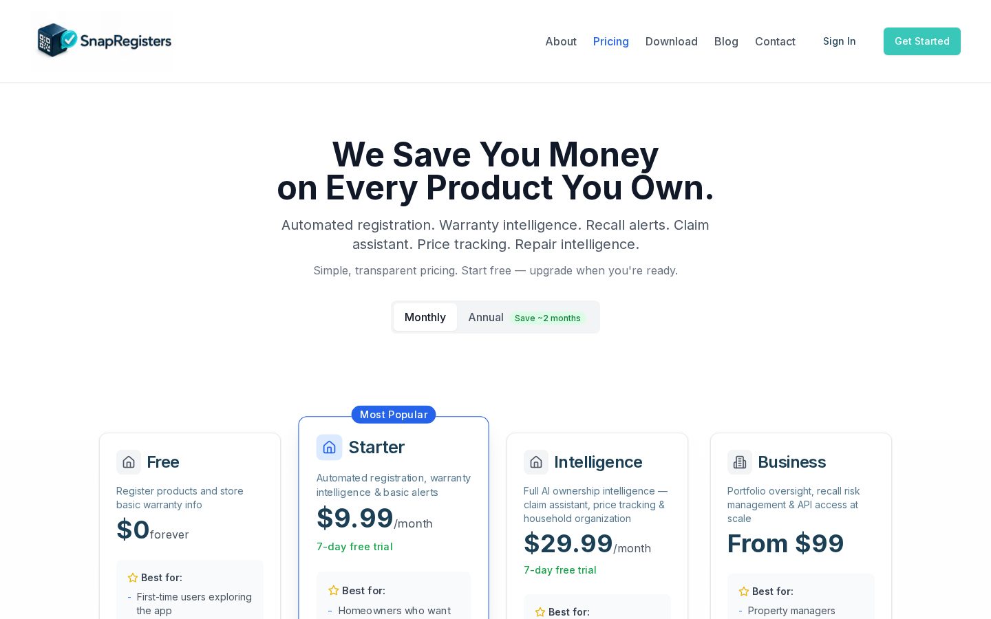 SnapRegisters Pricing