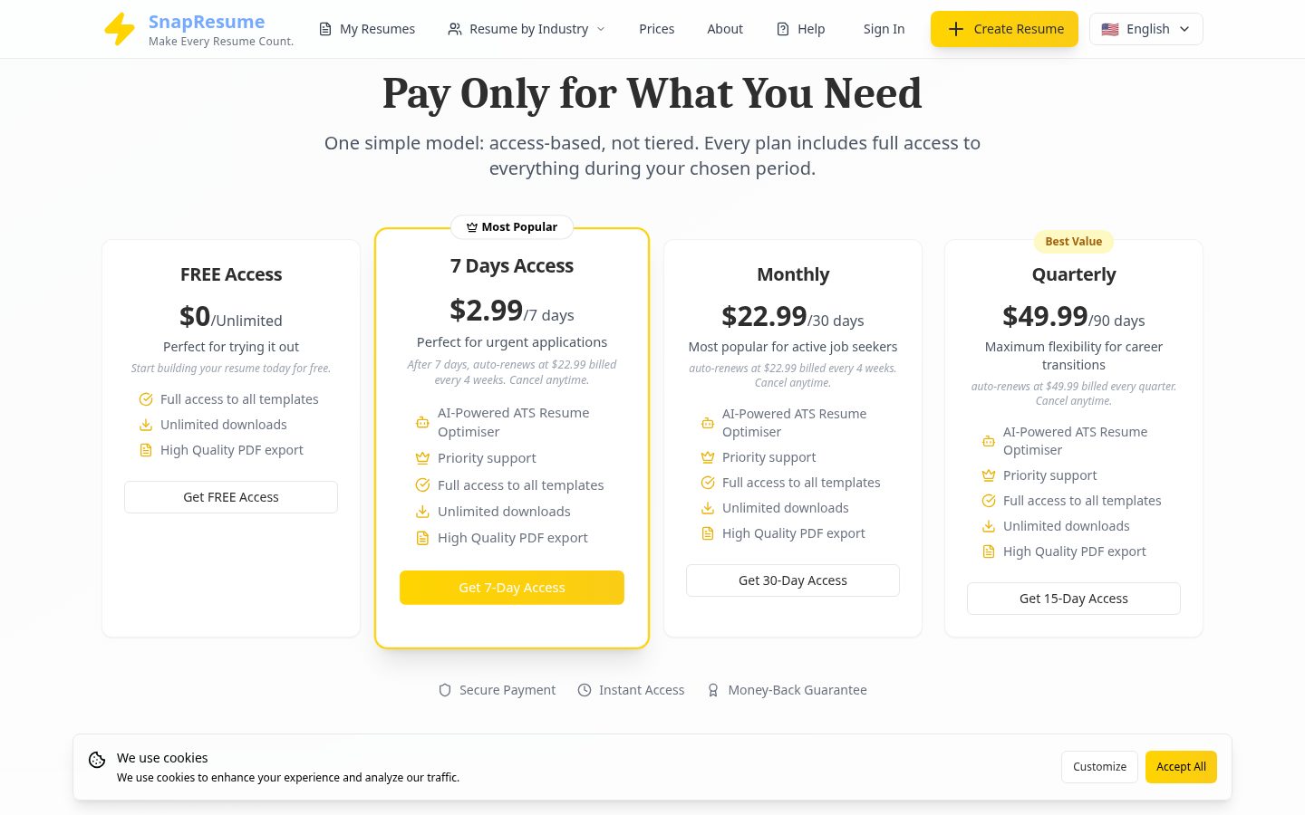 SnapResume Pricing