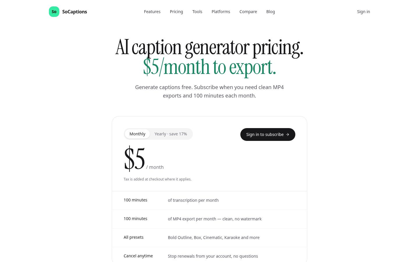 SoCaptions Pricing