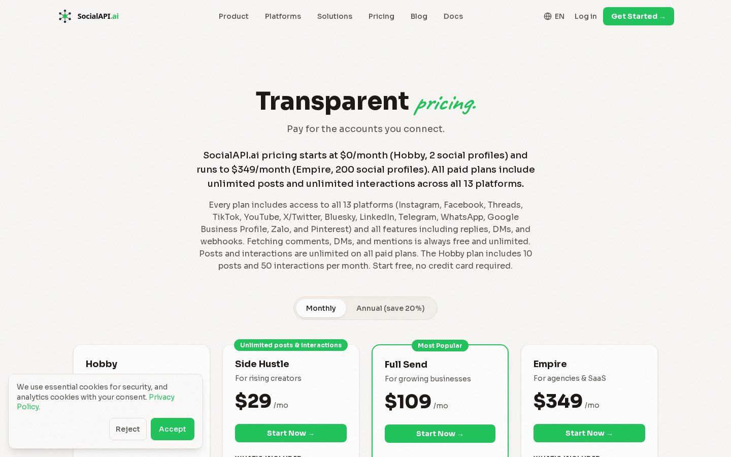 SocialAPI.ai Pricing