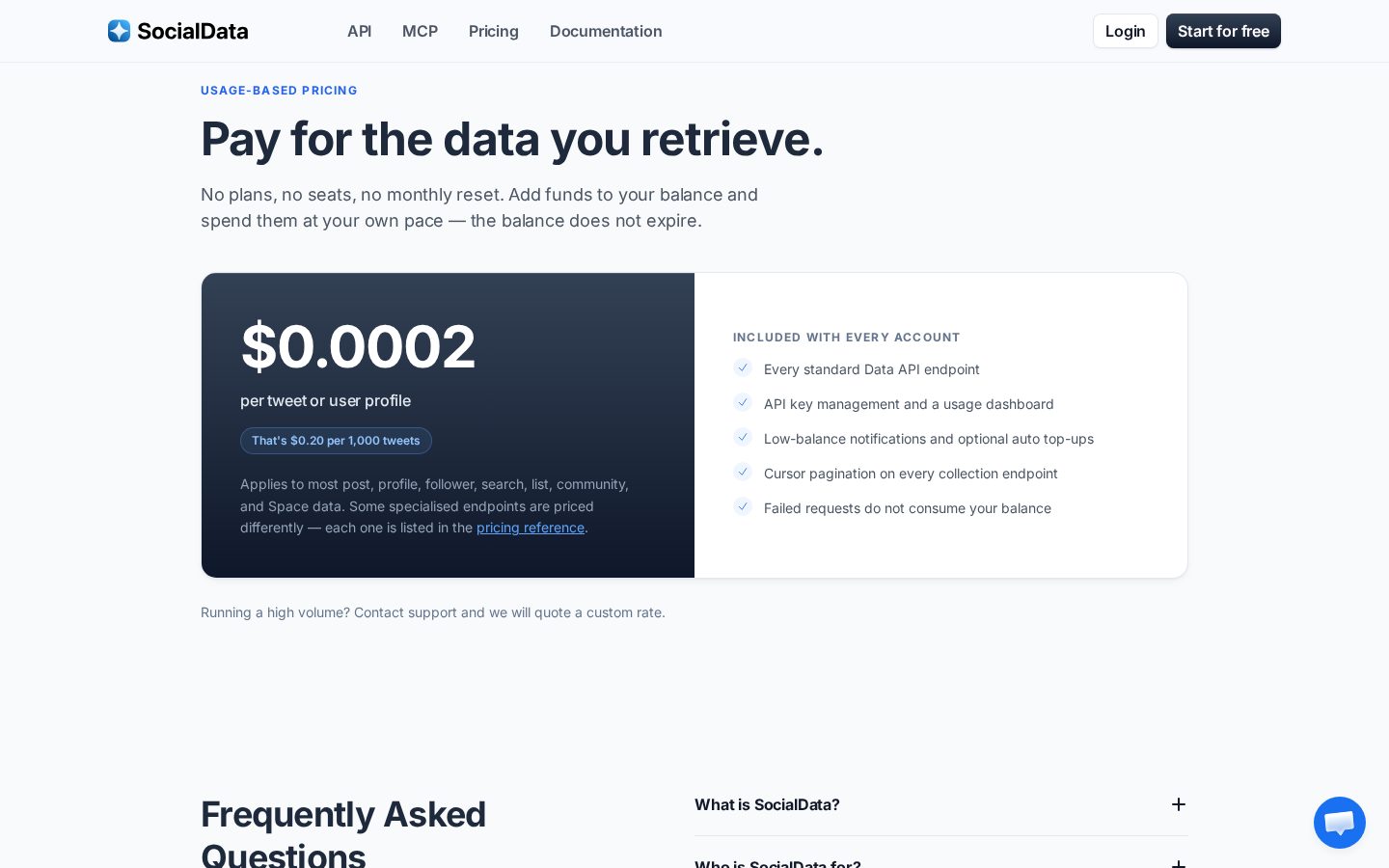 SocialData API Pricing