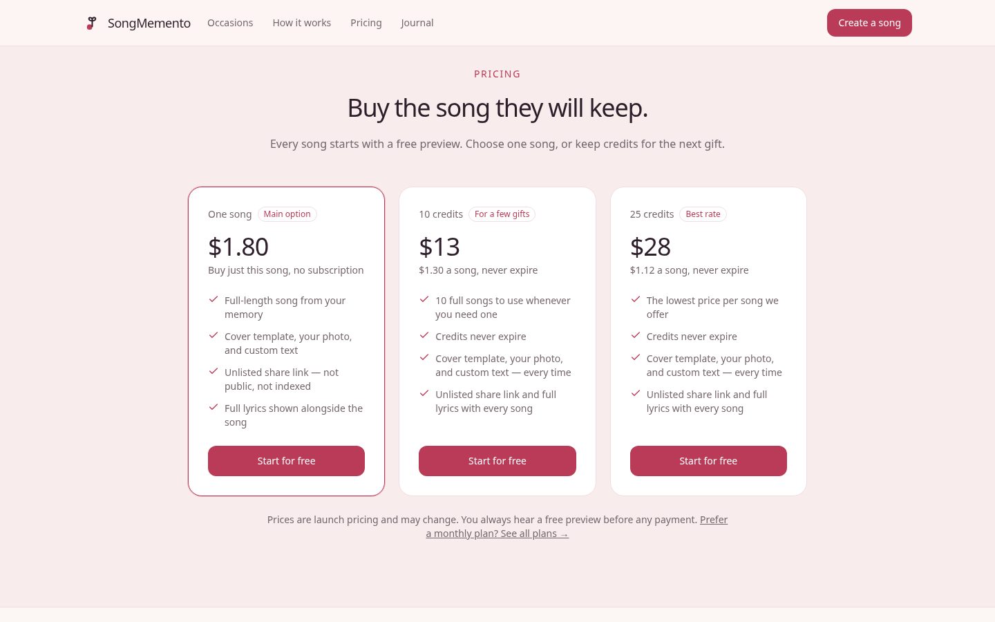 SongMemento Pricing