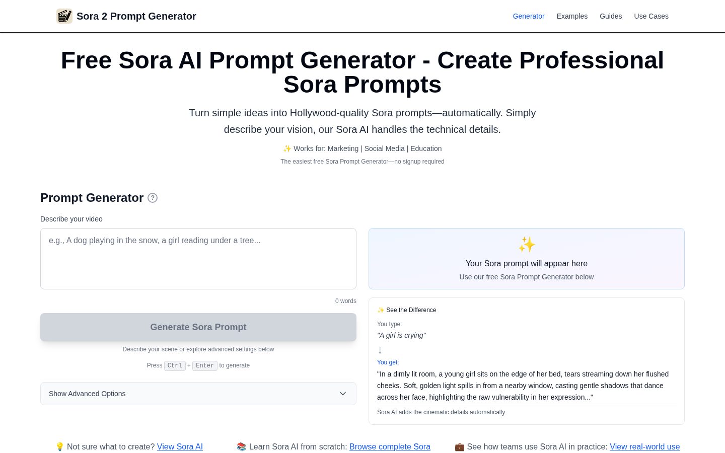 Sora Prompt Generator Homepage