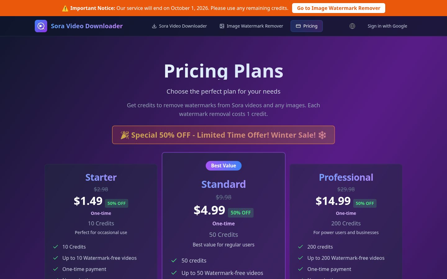 Sora Video Downloader Pricing