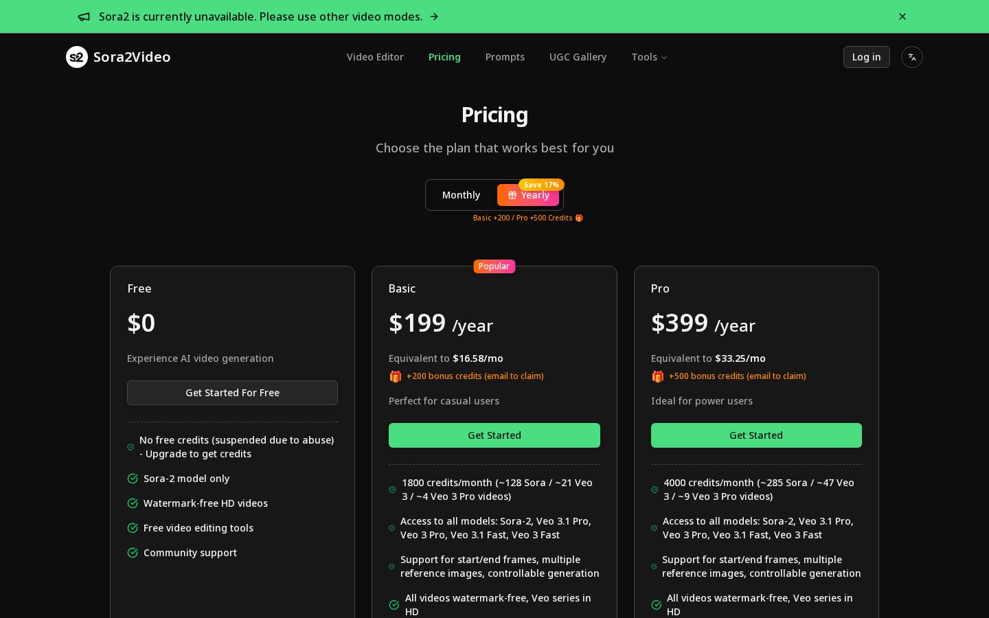 Sora2Video Pricing