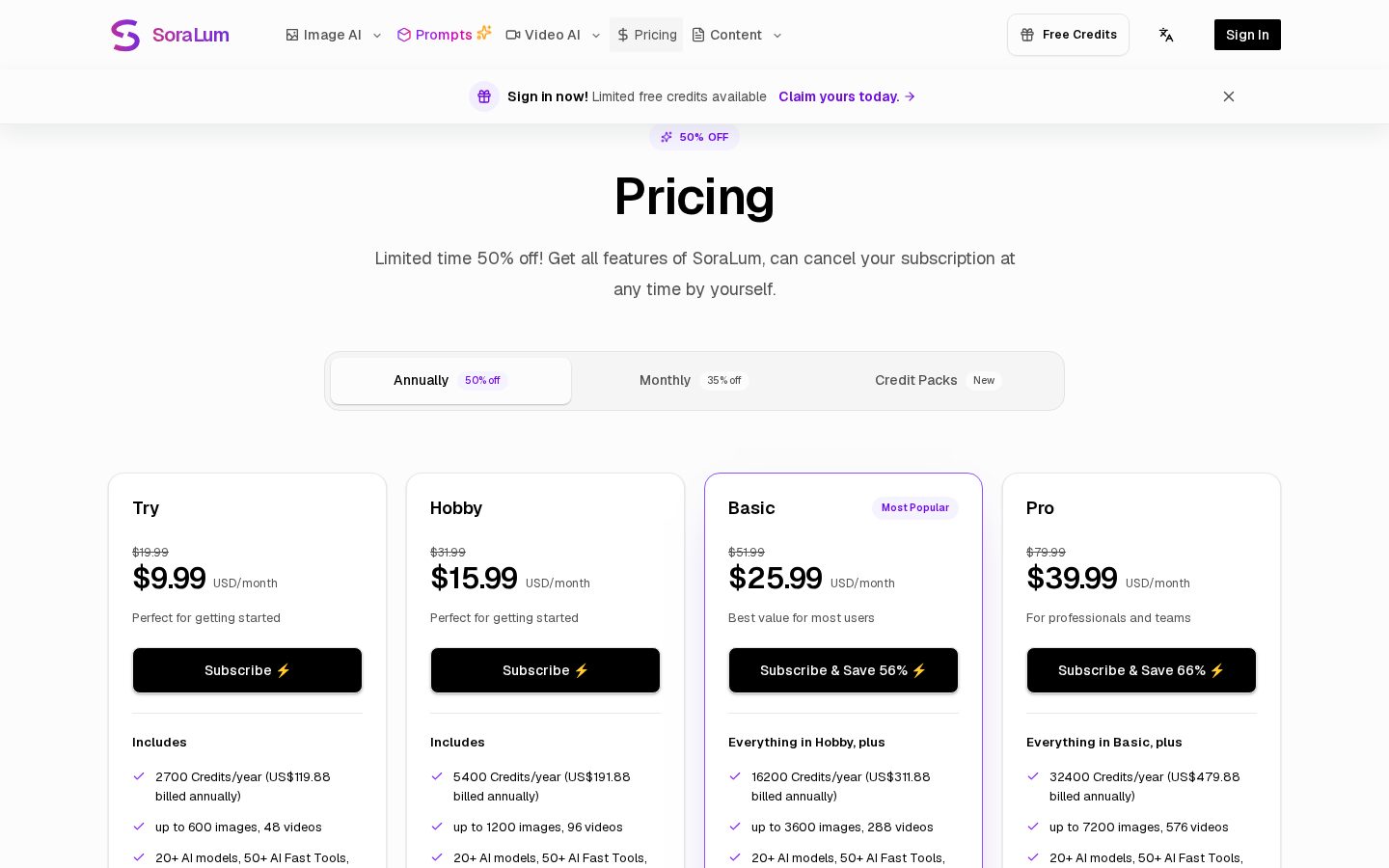 SoraLum AI Pricing