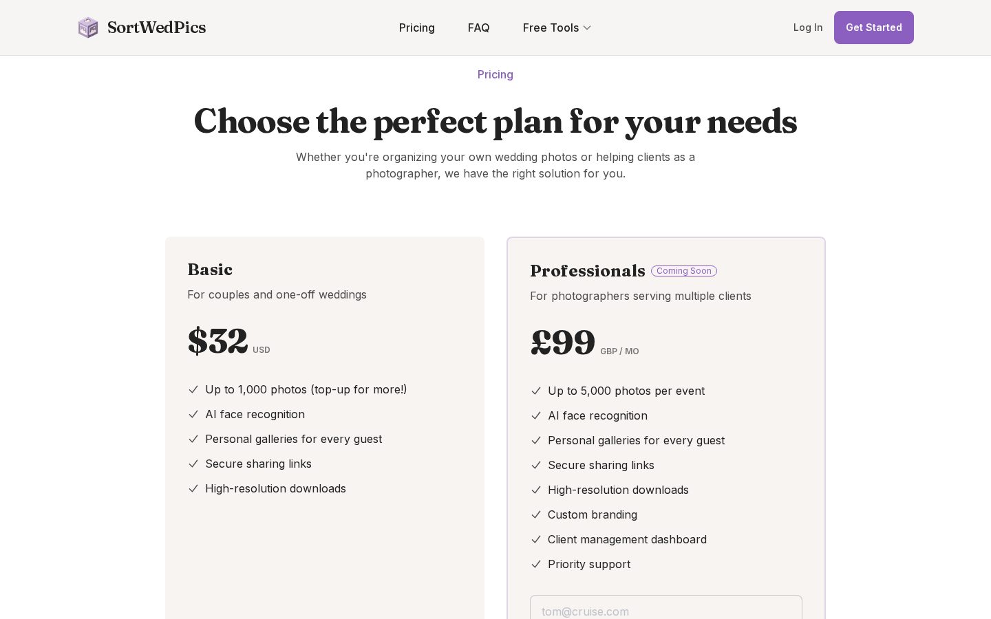 SortWedPics Pricing