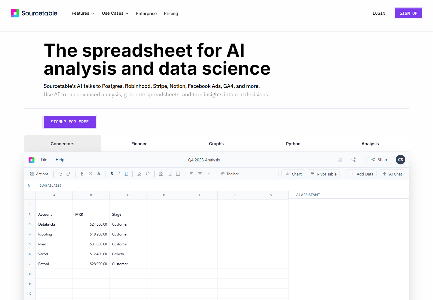 Sourcetable homepage