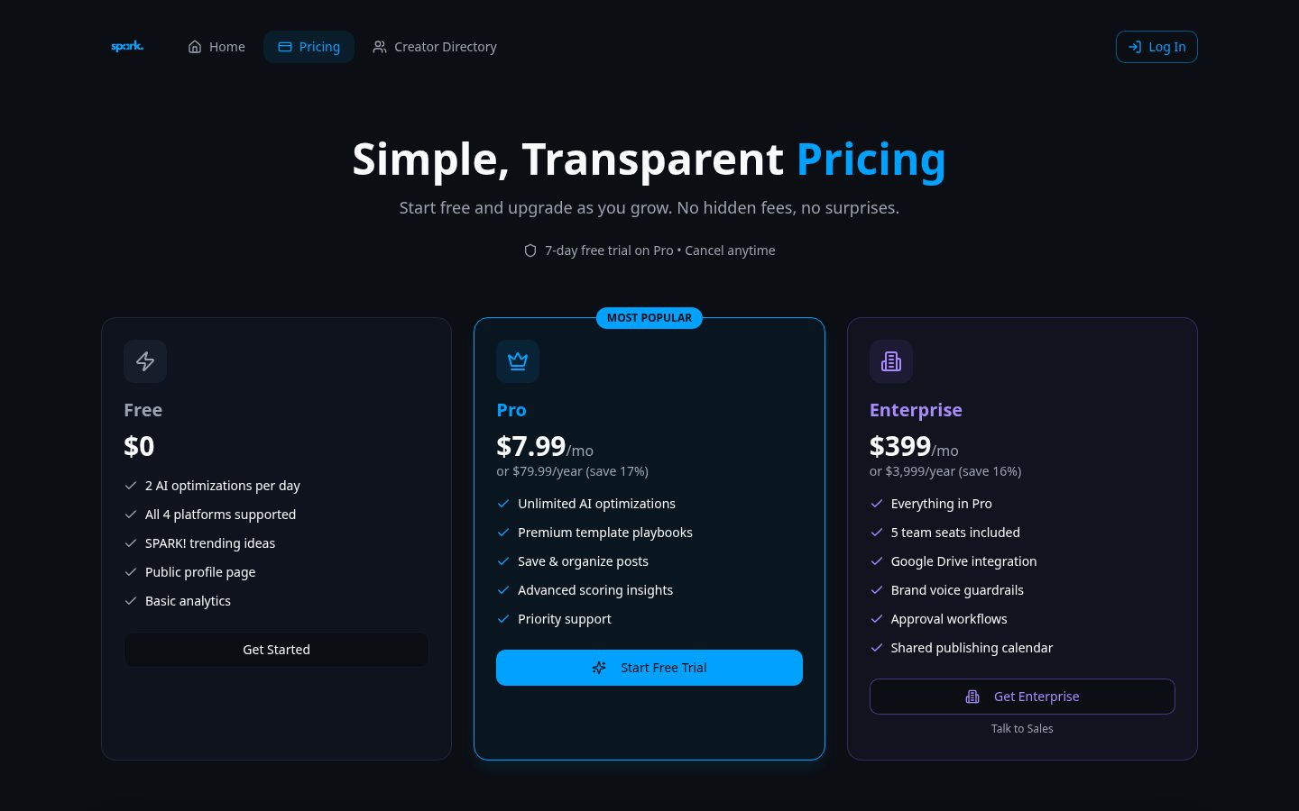 SparkSocial Pricing
