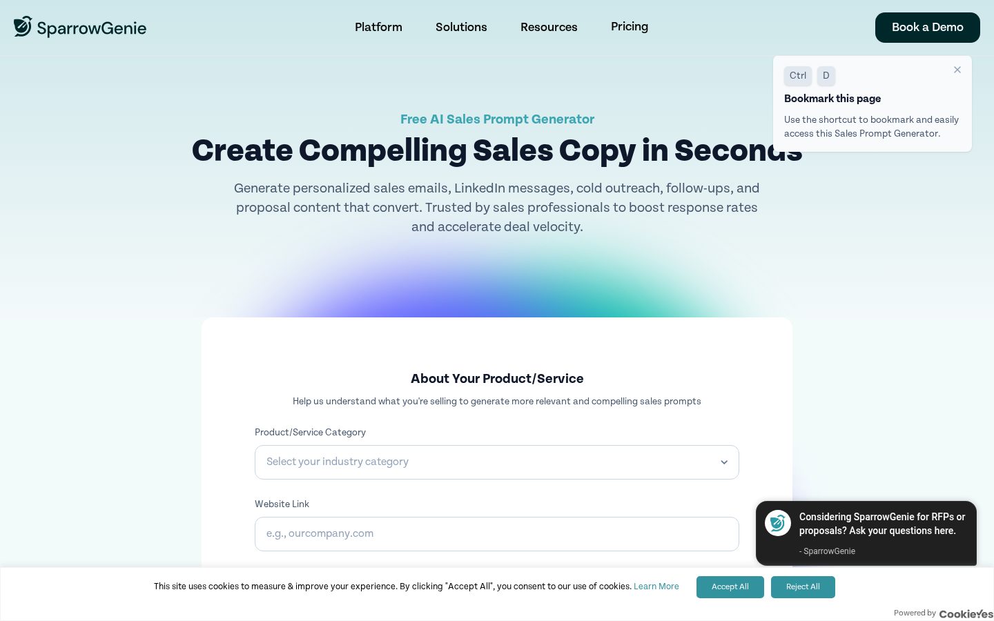 SparrowGenie AI Sales Prompt Generator Homepage