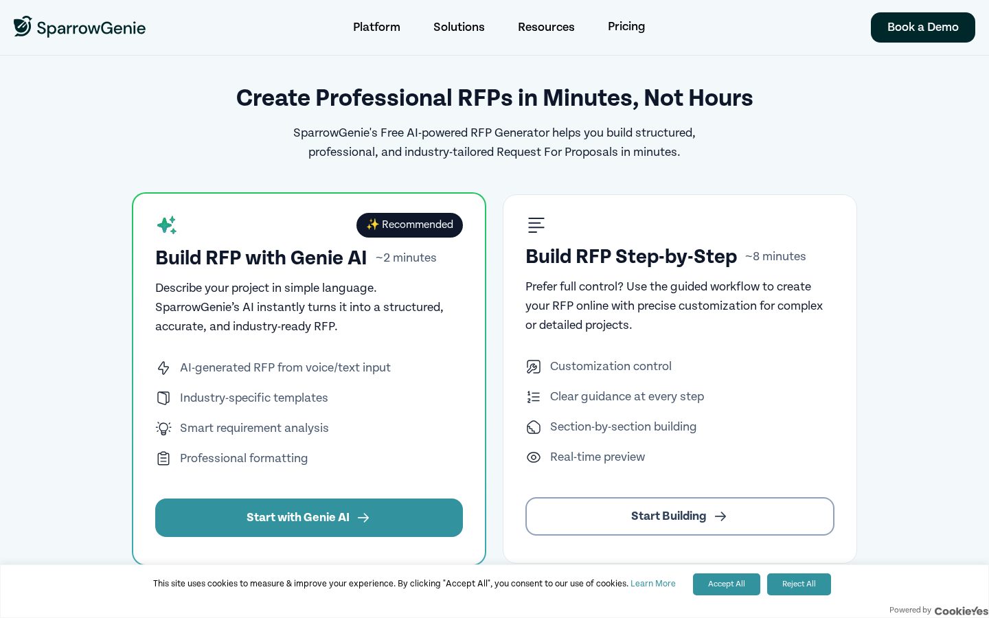 SparrowGenie Free RFP Generator Homepage