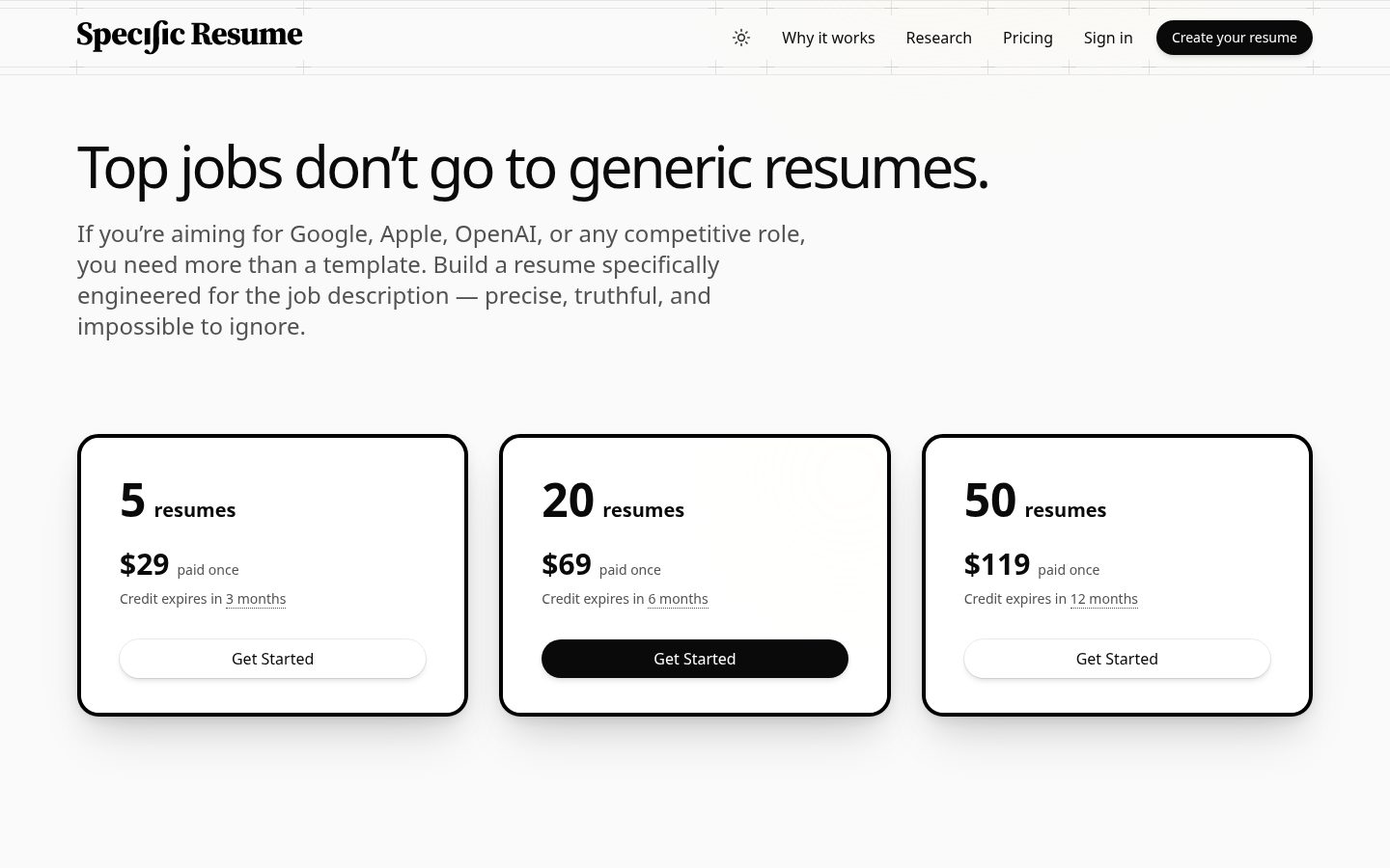 Specific Resume Pricing