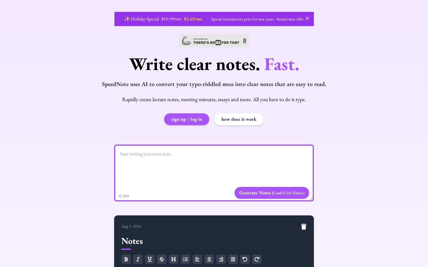 SpeedNote AI Homepage
