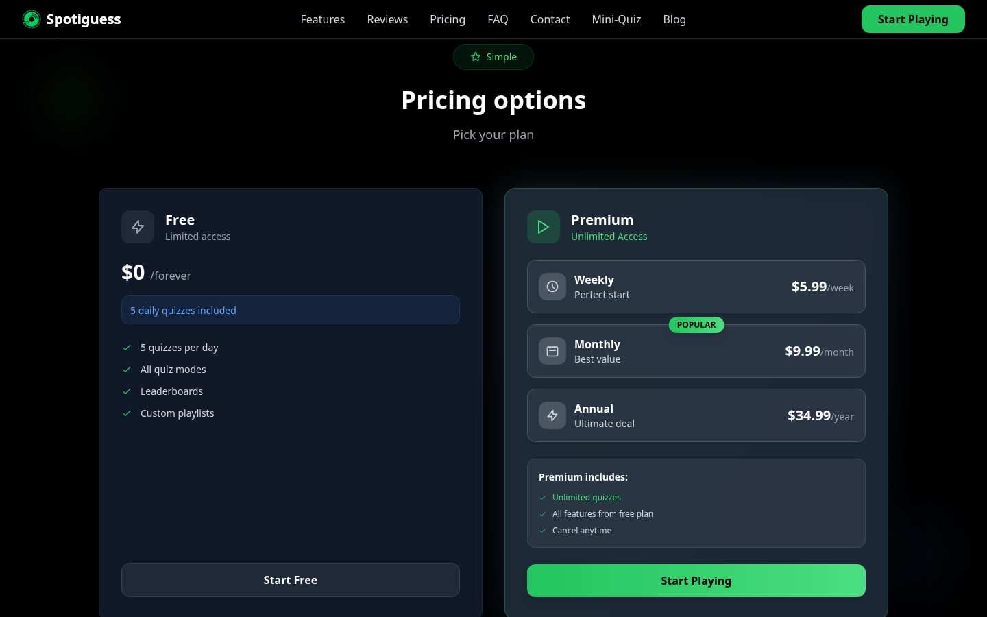 Spotiguess Pricing