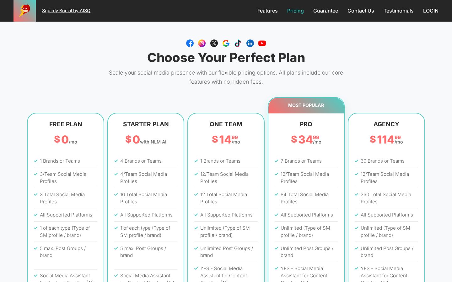 Squirrly Social Pricing
