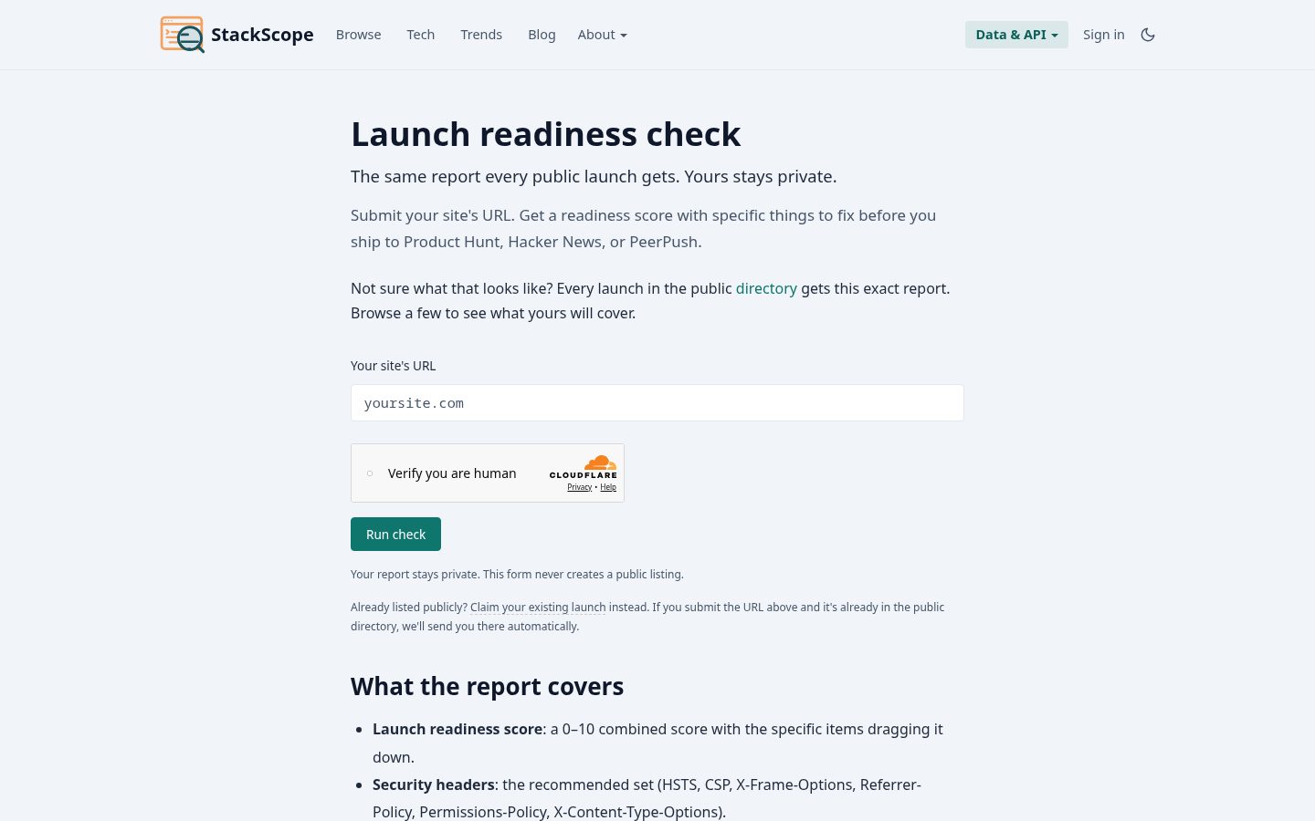 StackScope Launch Readiness Check Homepage