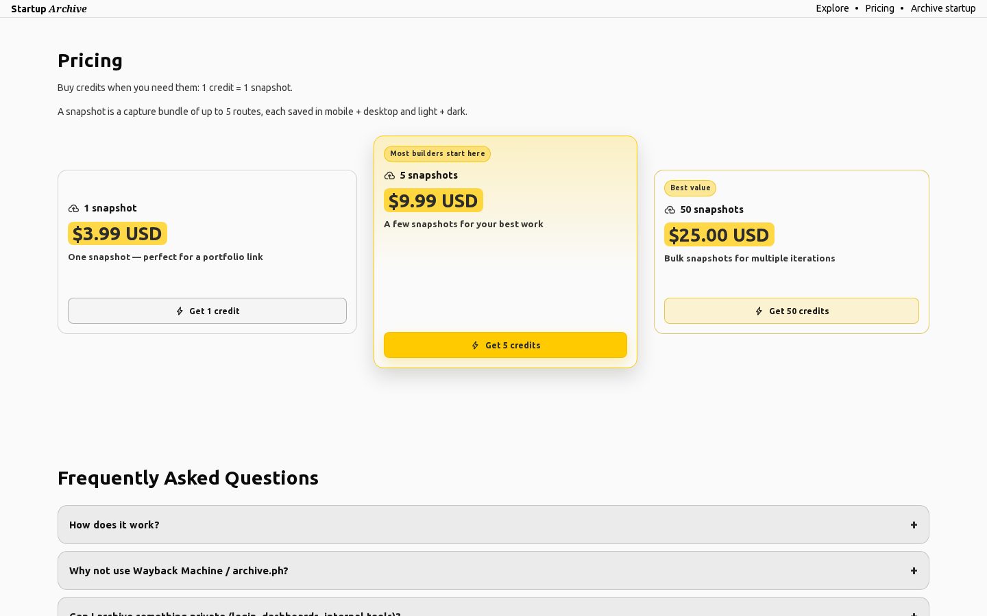 Startup Archive Pricing